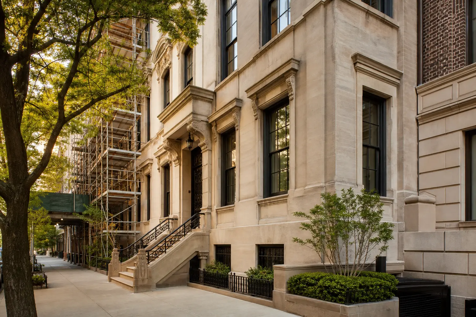 New York City townhouse during a professional renovation, with scaffolding along a brick and limestone facade