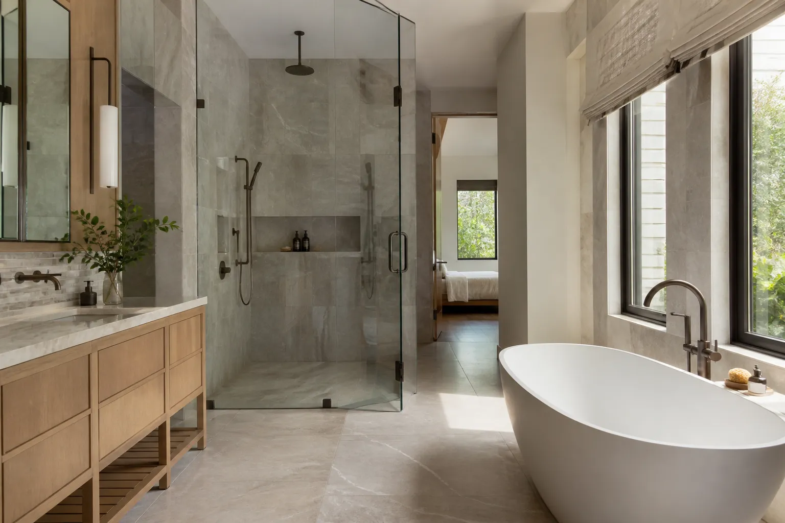 Renovated bathroom with stone tile, a freestanding tub, and a wood vanity