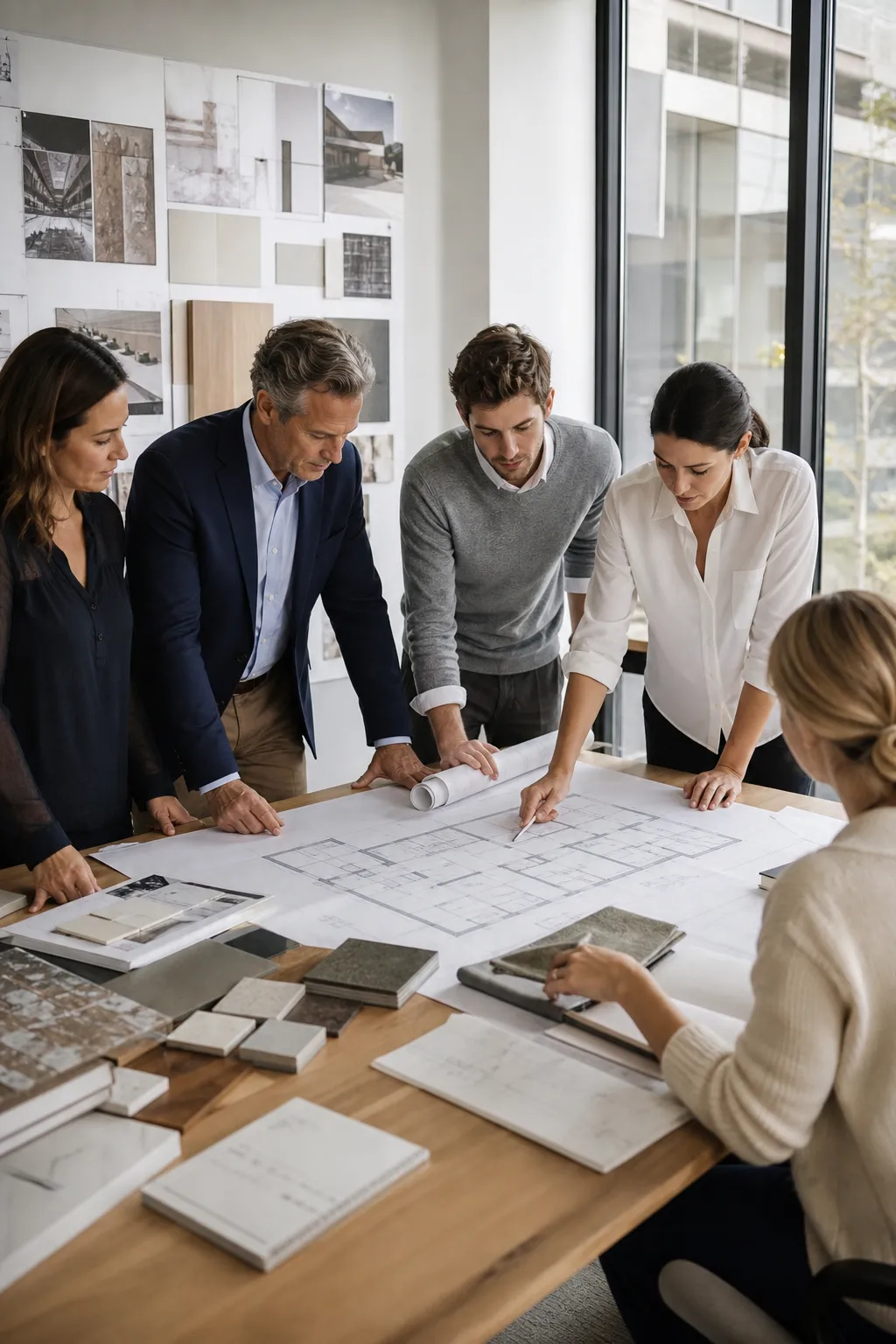 Blue Peak project executives, architects, and interior designers reviewing drawings and material samples